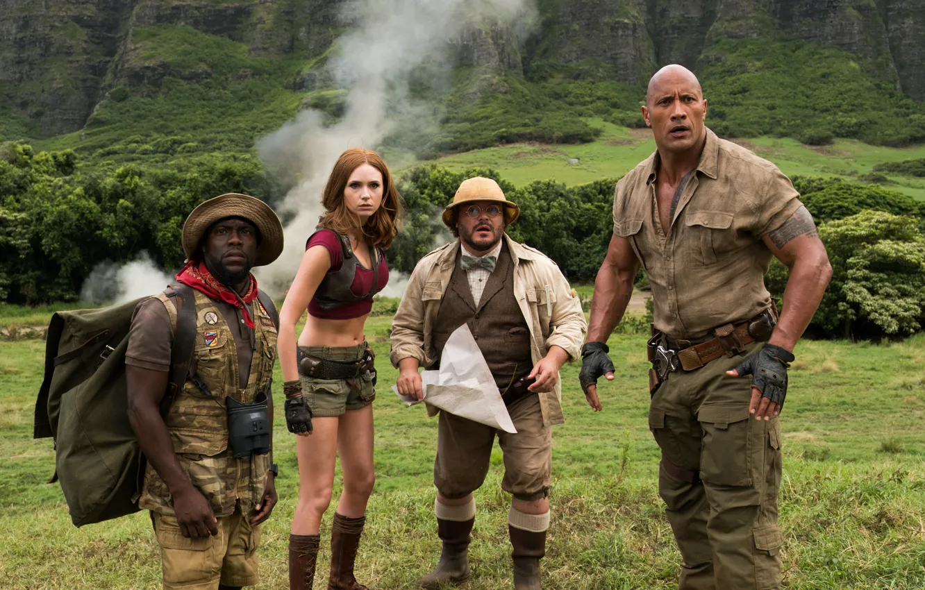 Photo wallpaper frame, fantasy, adventure, Dwayne Johnson, Dwayne Johnson, Jack Black, Jack Black, Karen Gillan