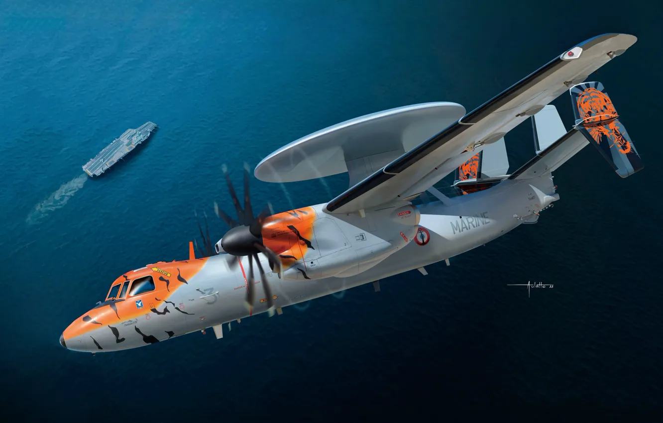 Photo wallpaper France, USA, deck, AWACS, spy plane, AWACS, Auletta, Grumman E-2 Hawkeye