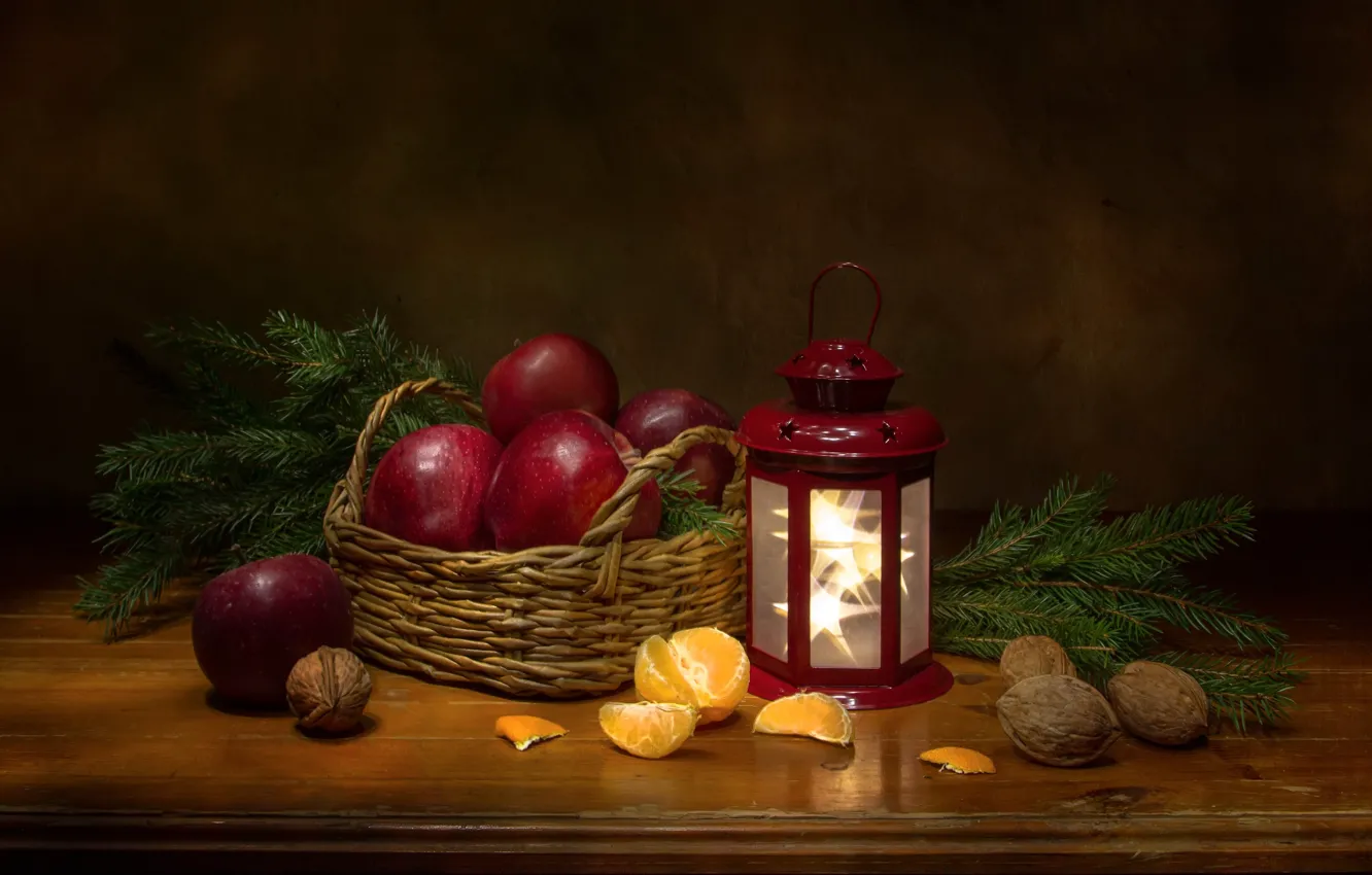 Photo wallpaper branches, apples, spruce, lantern, fruit, nuts, still life, basket