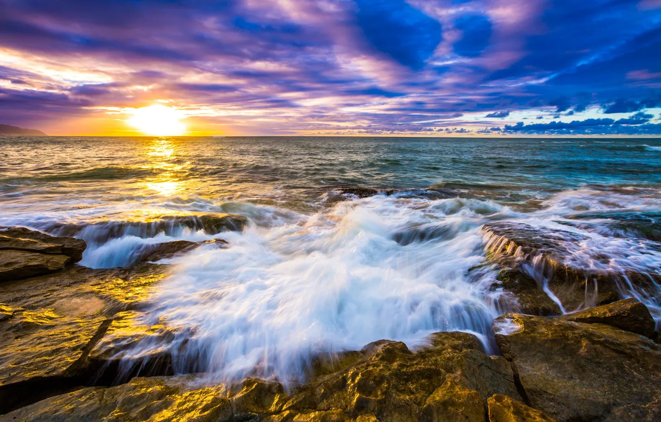 Photo wallpaper sea, the sky, the sun, clouds, stones, dawn, shore, horizon