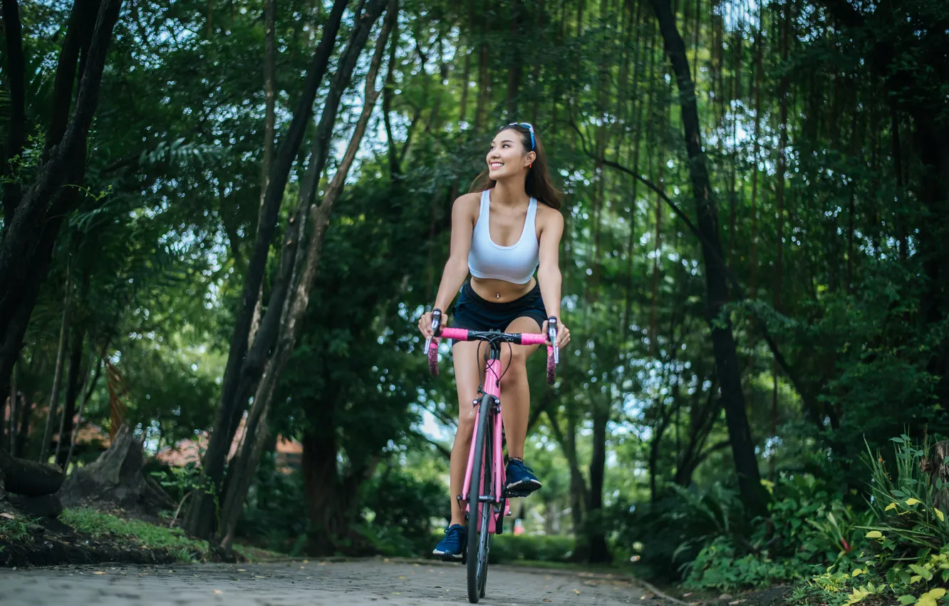 Photo wallpaper girl, forest, bike, nature, beautiful, pretty, sweet