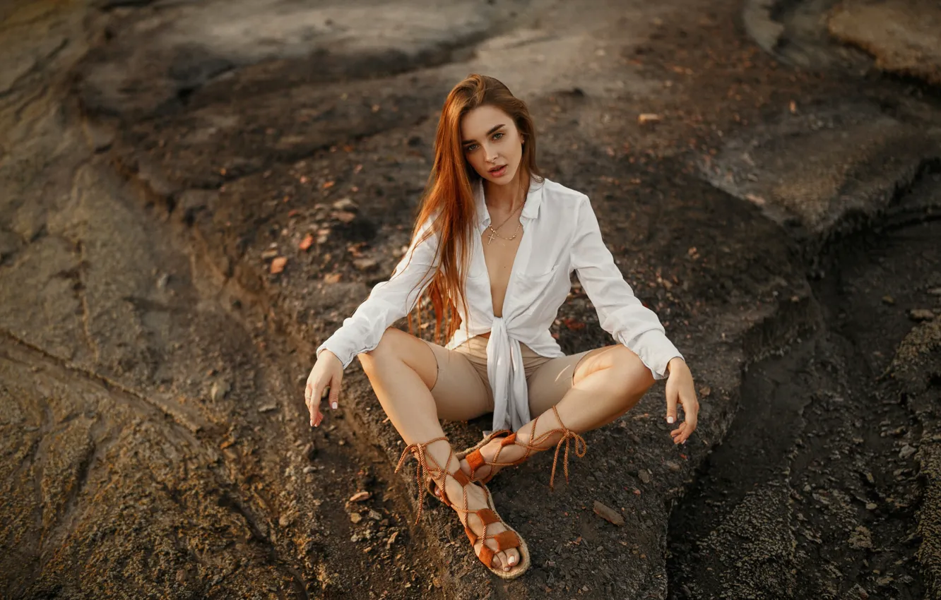 Photo wallpaper girl, pose, stones, shorts, blouse, red, sandals, Ivan Kovalev