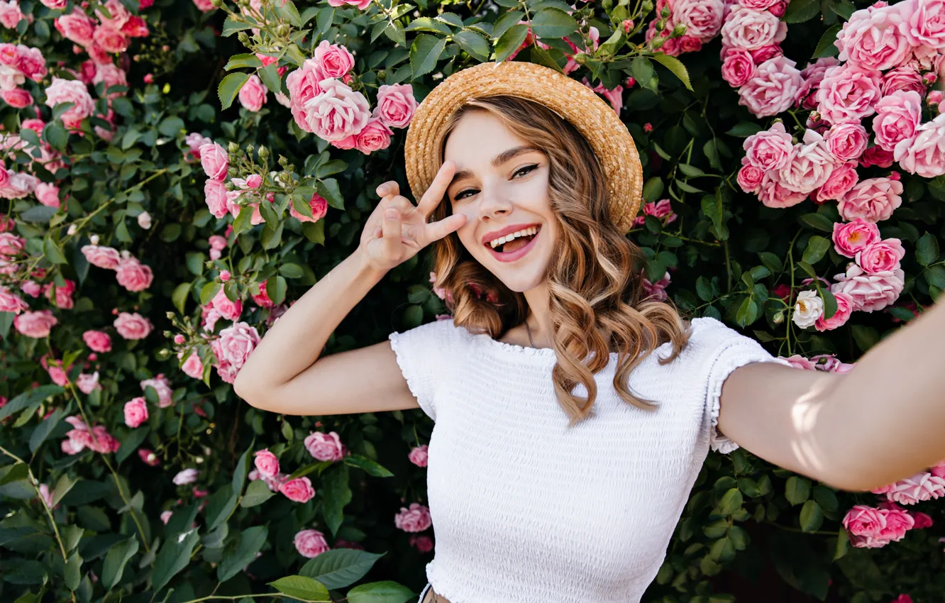 Photo wallpaper summer, girl, joy, flowers, smile, roses, positive, hat