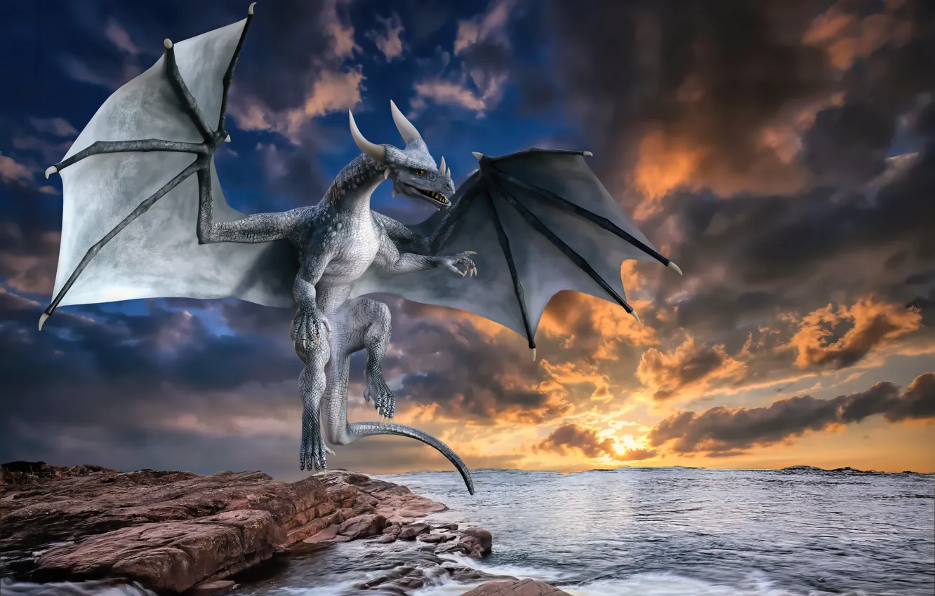 Photo wallpaper sea, water, clouds, sunset, dragon, horns, horns, sea