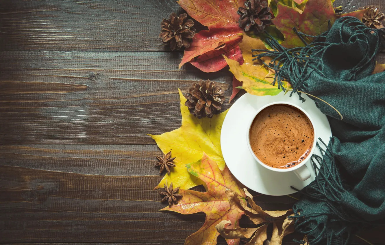 Photo wallpaper autumn, leaves, coffee, Cup, still life, shawl