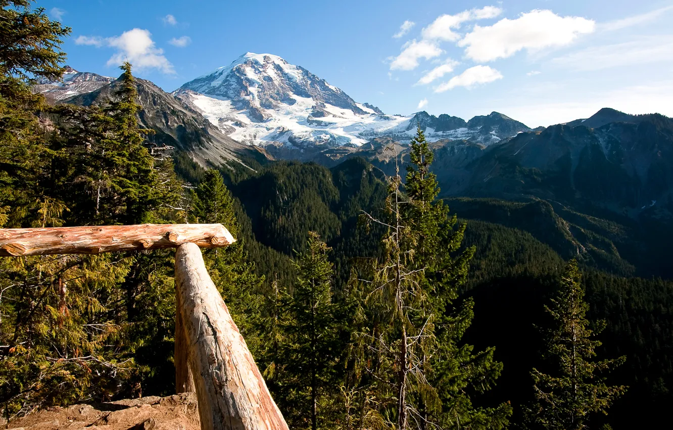 Photo wallpaper forest, the sky, clouds, trees, mountains