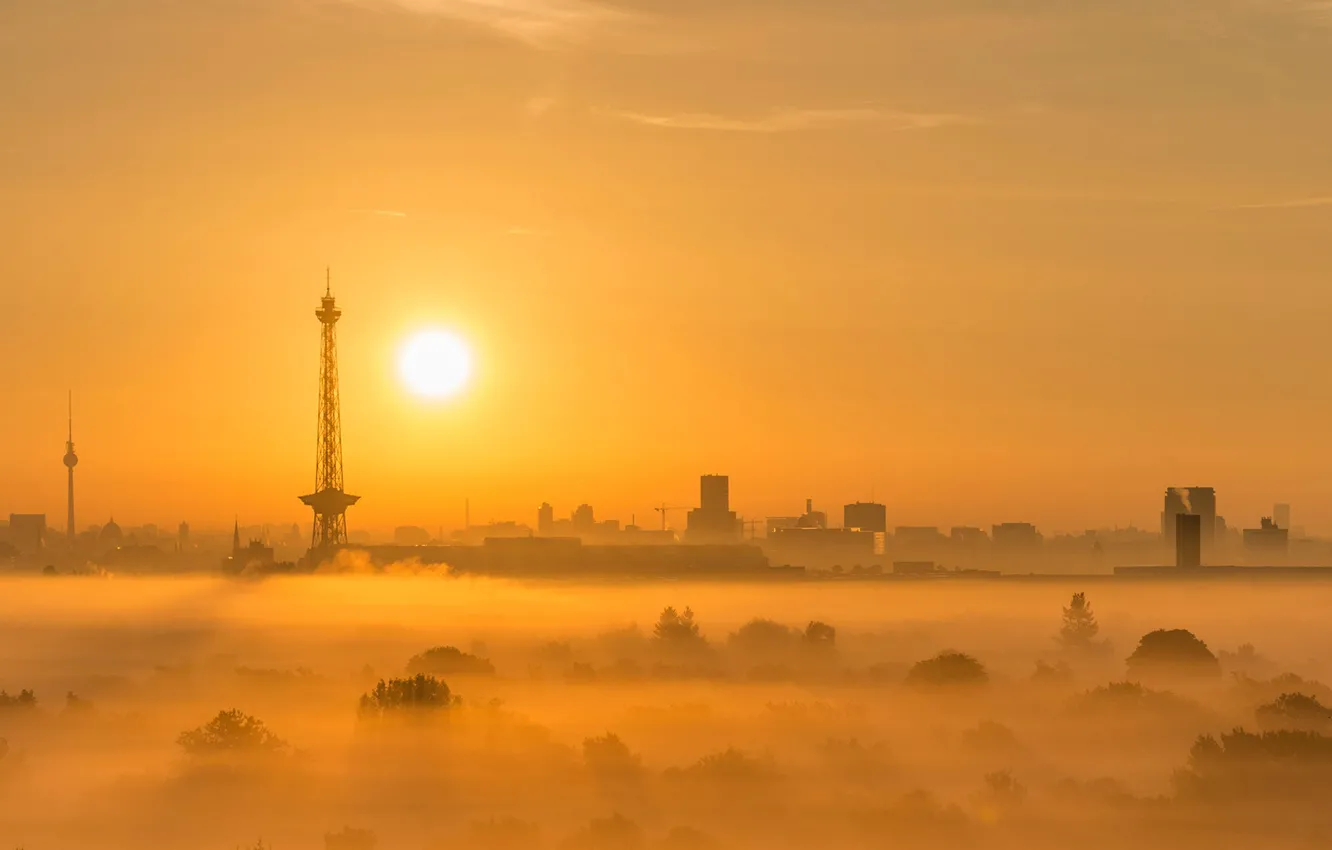 Photo wallpaper sunset, fog, tower, The sun, Germany, panorama, Berlin