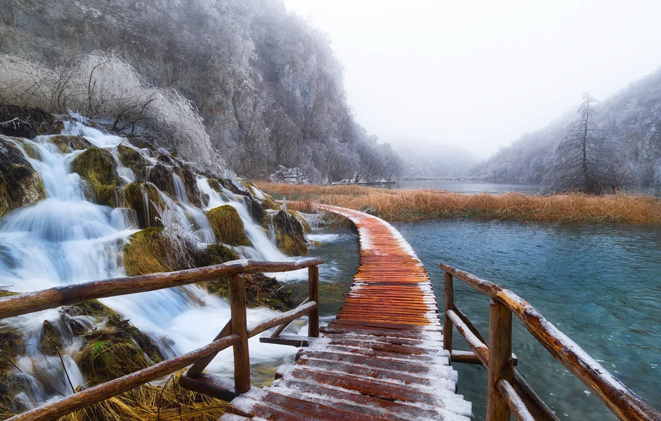 Photo wallpaper winter, bridge, nature, lakes, croatia, plitvice