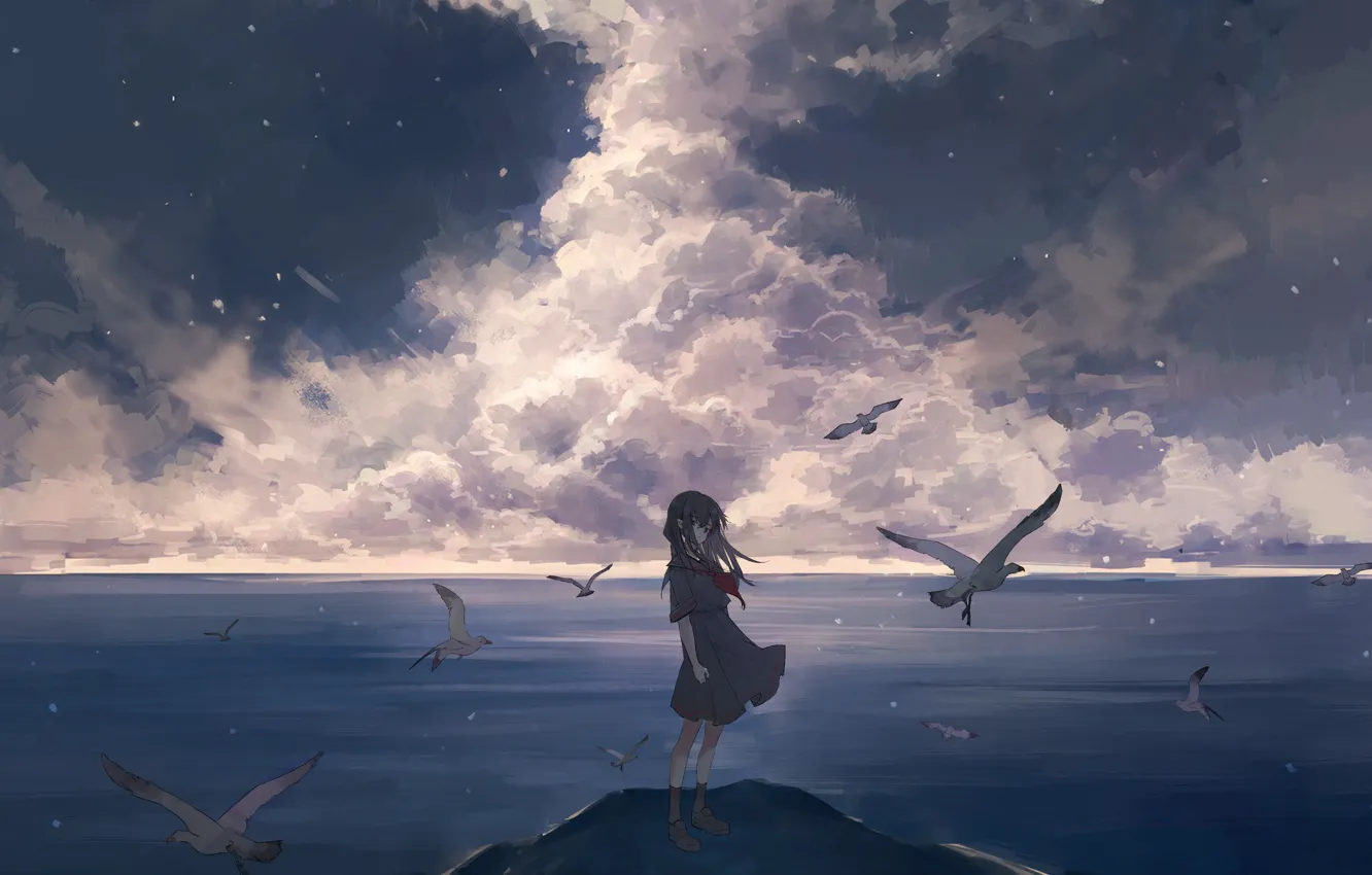 Photo wallpaper sea, the sky, clouds, clouds, the wind, coast, seagulls, girl