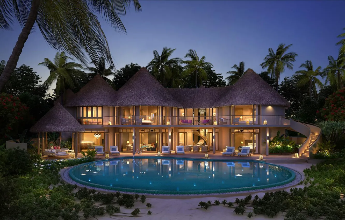 Photo wallpaper palm trees, Villa, the evening, pool, The Maldives, resort, Maldives, Resort Nautilus