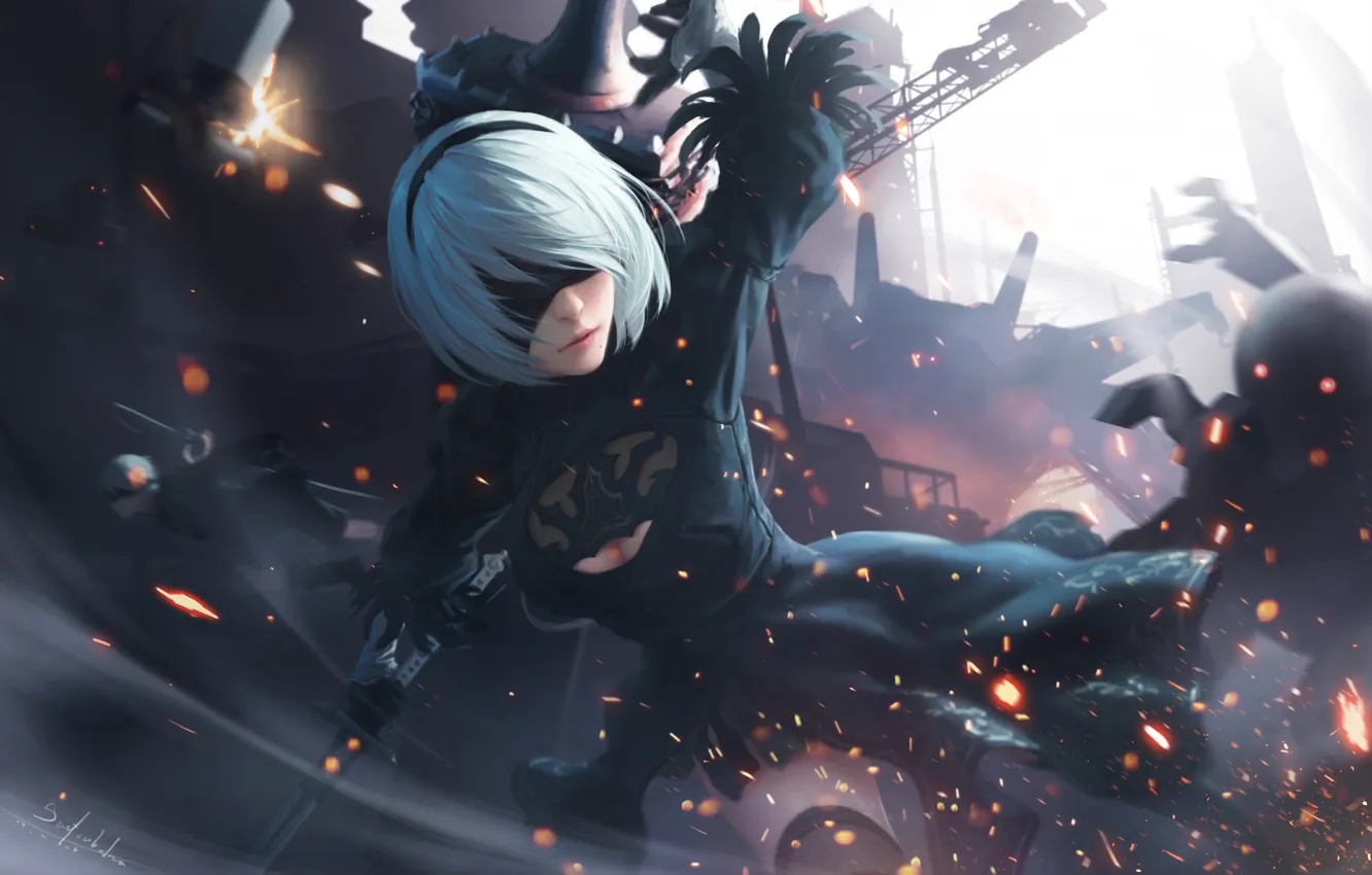Photo wallpaper Girl, Figure, Sparks, Android, Art, Nier, Illustration, Characters