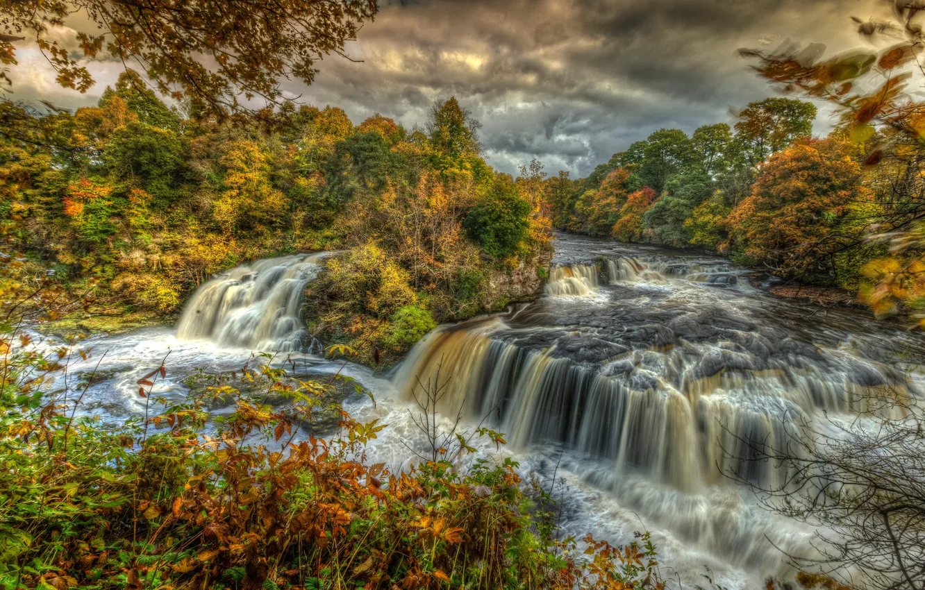Photo wallpaper autumn, forest, trees, clouds, waterfall, HDR, Scotland, river