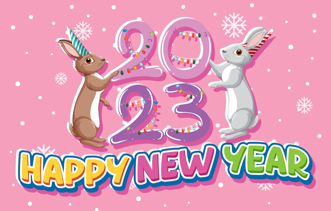 Photo wallpaper snow, snowflakes, grey, the inscription, figure, graphics, new year, hare
