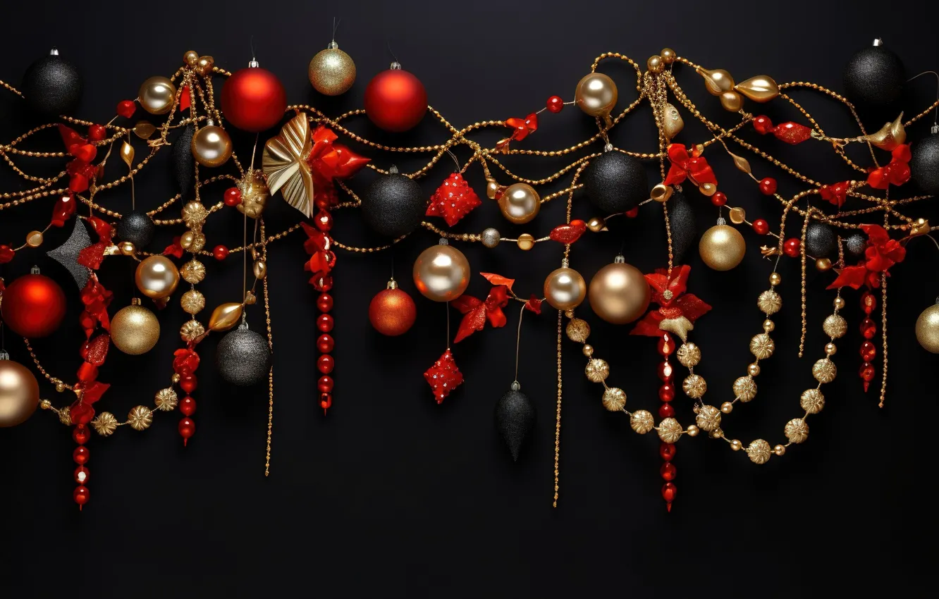 Photo wallpaper decoration, the dark background, balls, new year, Christmas, golden, black, Christmas