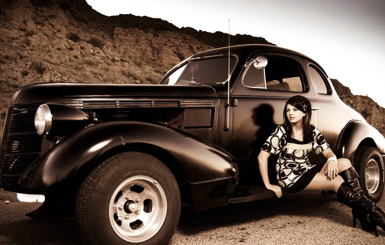 Photo wallpaper car, vintage, hot girl, car and girl, vingage car and girl