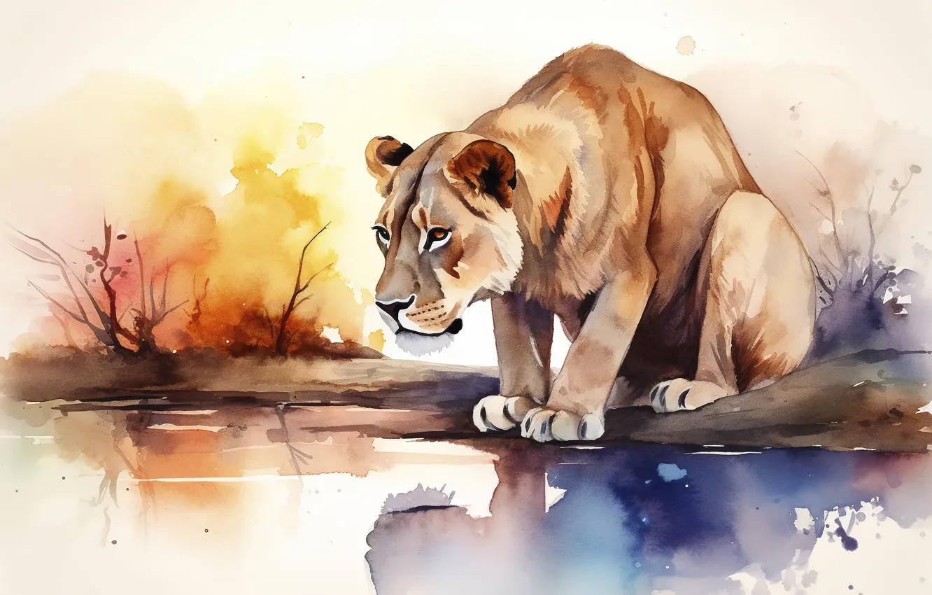 Photo wallpaper face, water, pose, reflection, shore, watercolor, painting, sitting