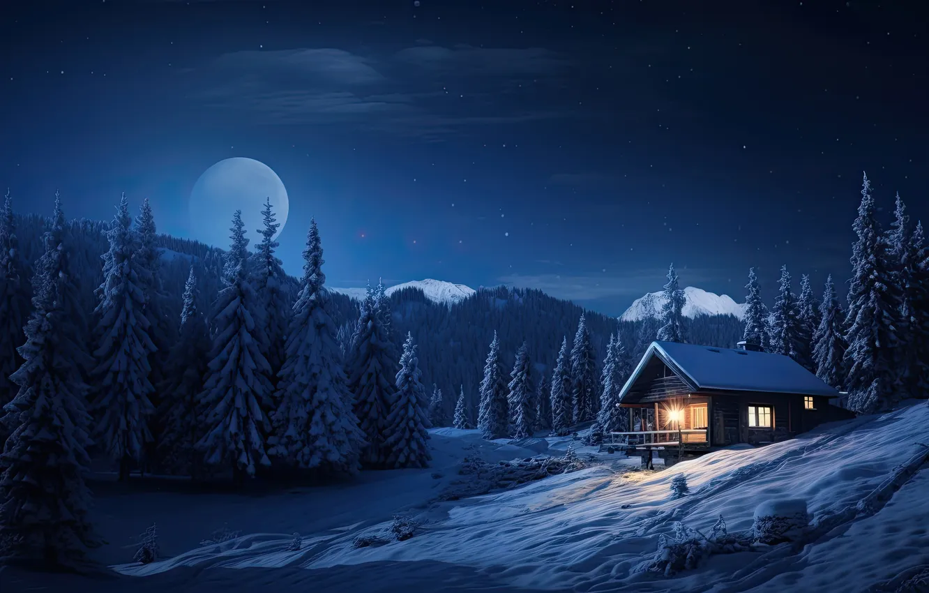 Photo wallpaper winter, forest, snow, mountains, night, nature, house, house