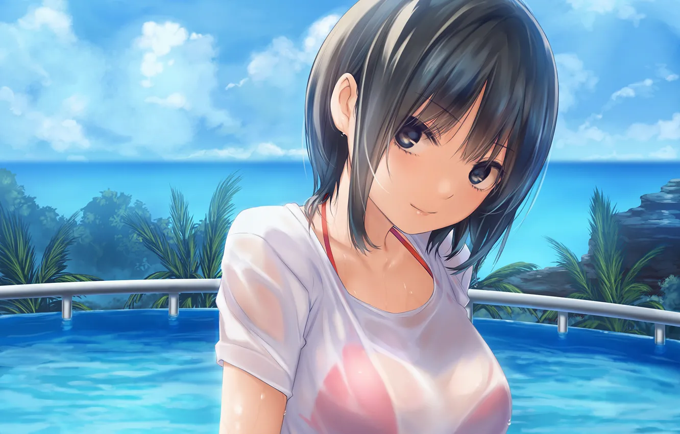 Photo wallpaper girl, sexy, pool, sky, sea, boobs, anime, water