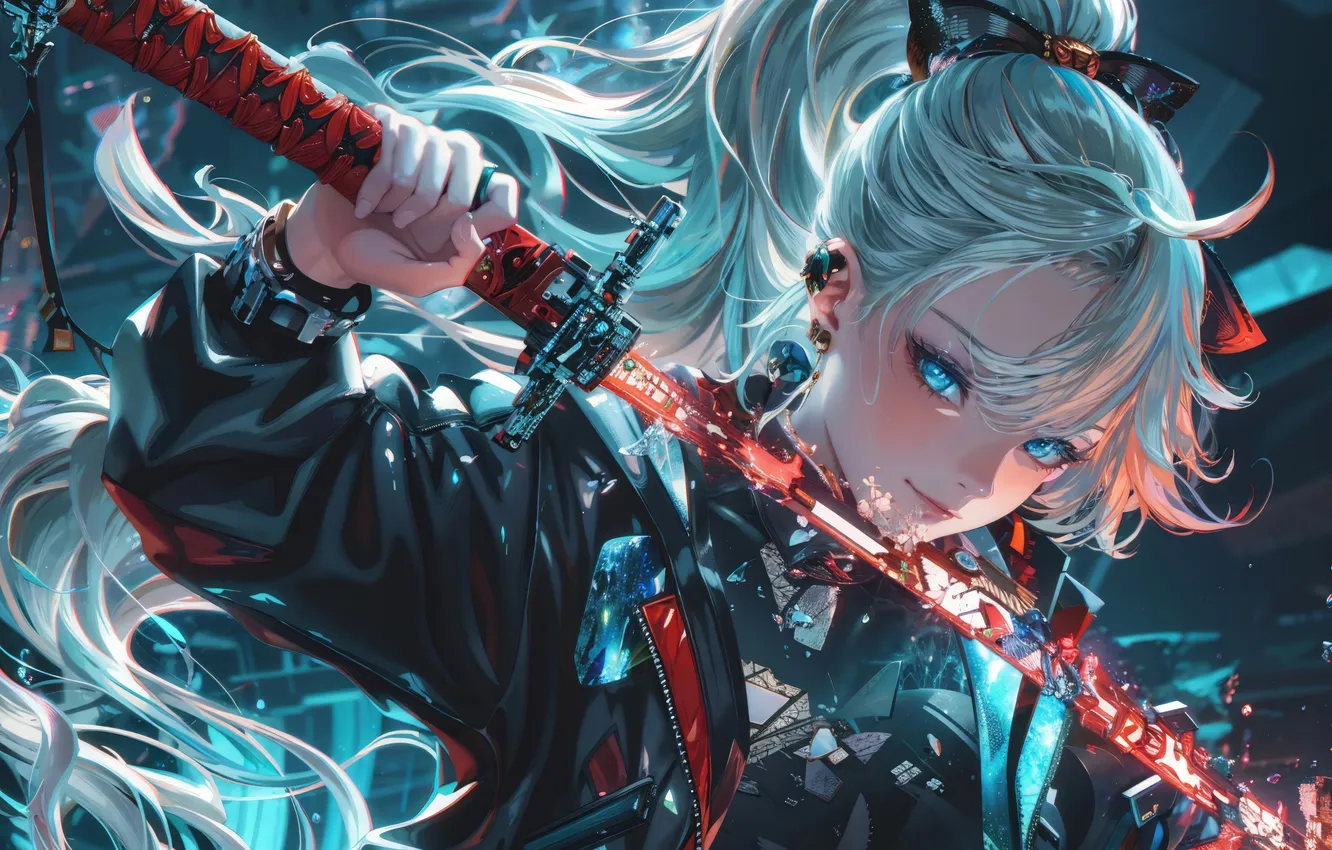 Photo wallpaper girl, sword, anime, warrior