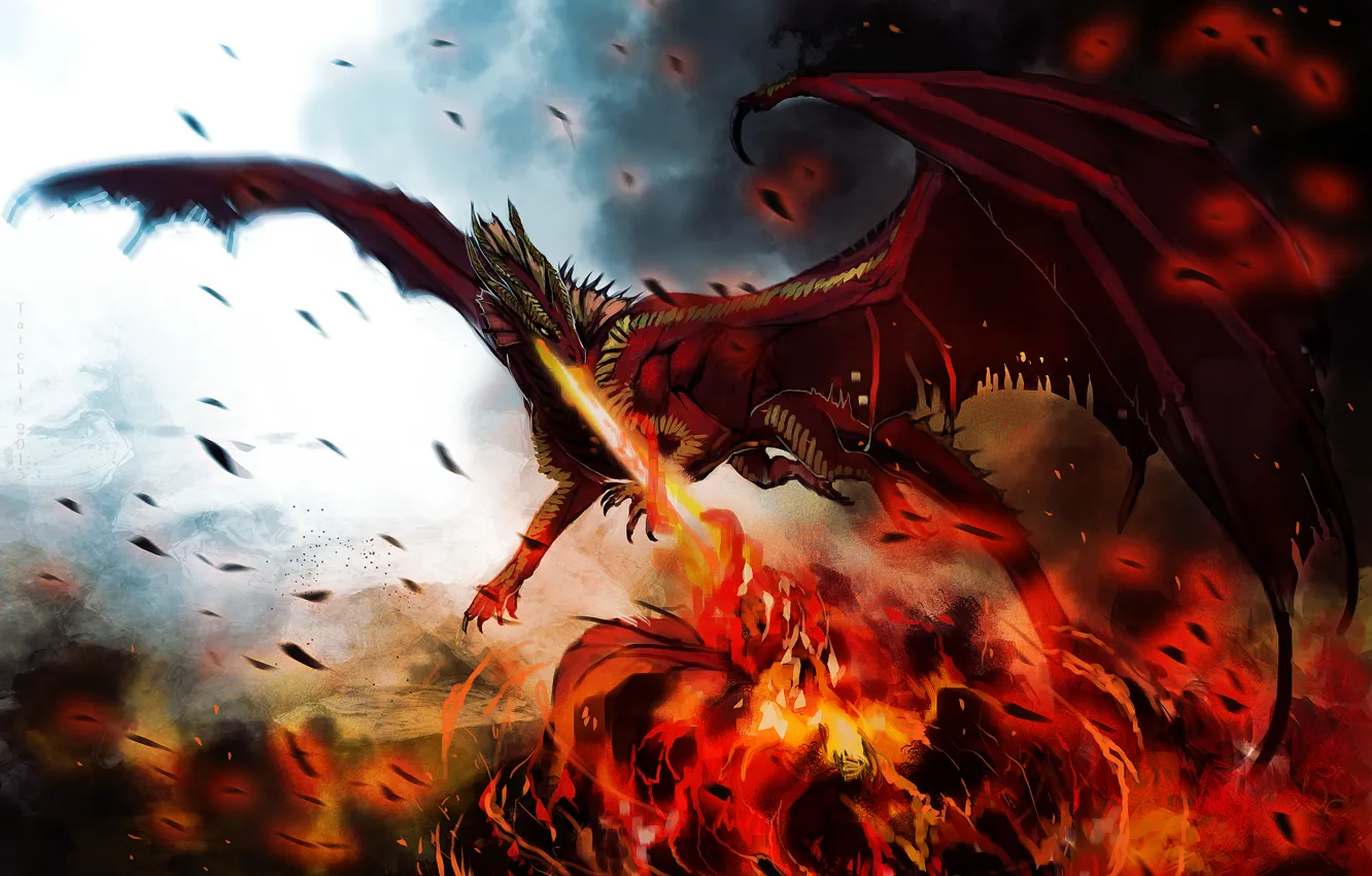 Photo wallpaper fire, flame, dragon, wings, monster, art, dragon, hellfyre