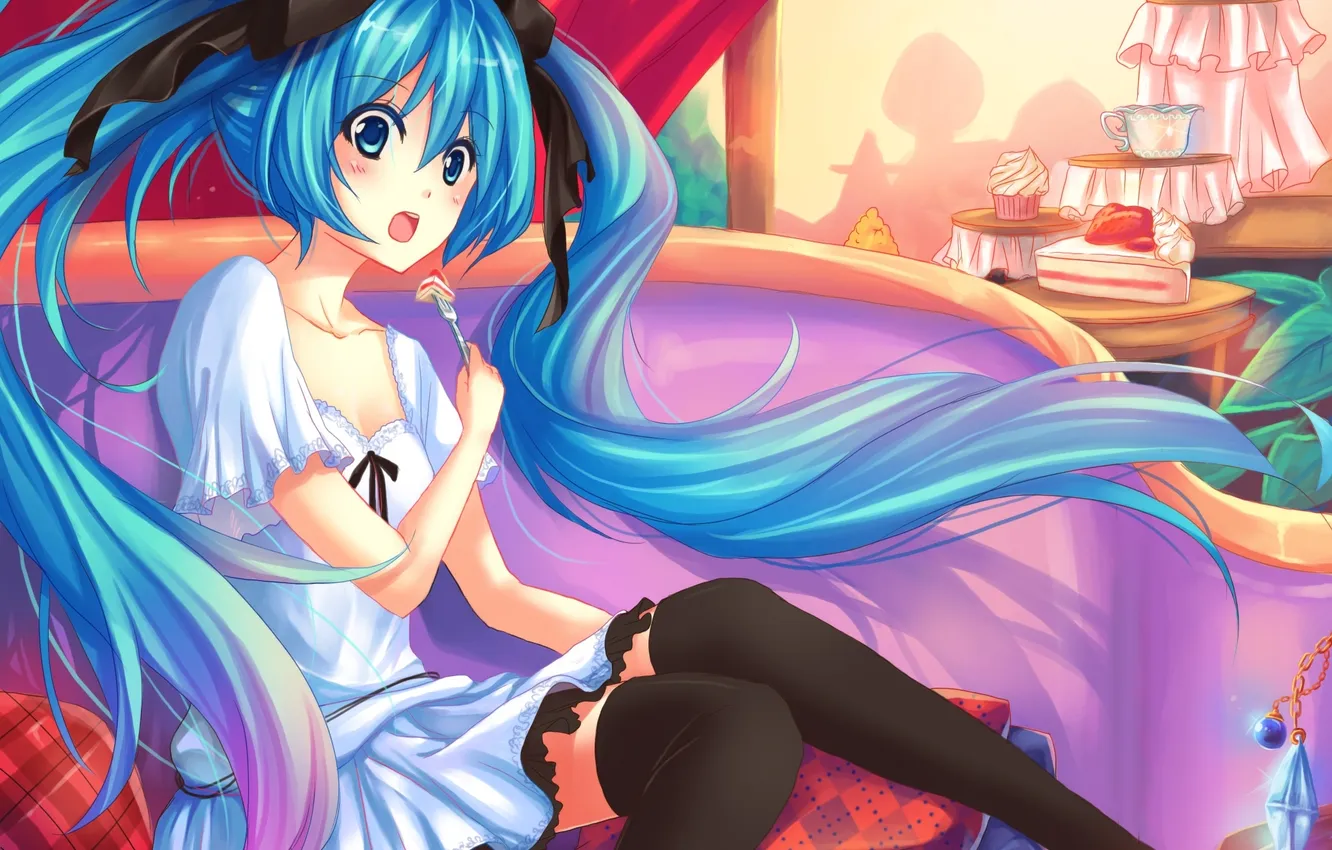 Photo wallpaper look, girl, room, surprise, plug, vocaloid, hatsune miku, gesture