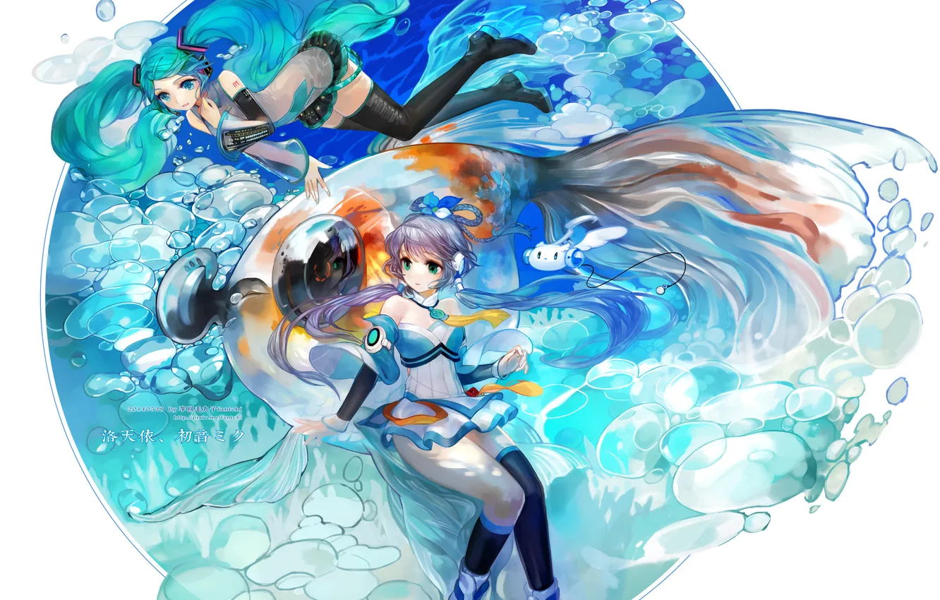 Photo wallpaper water, girl, fish, anime, headphones, art, vocaloid, hatsune miku