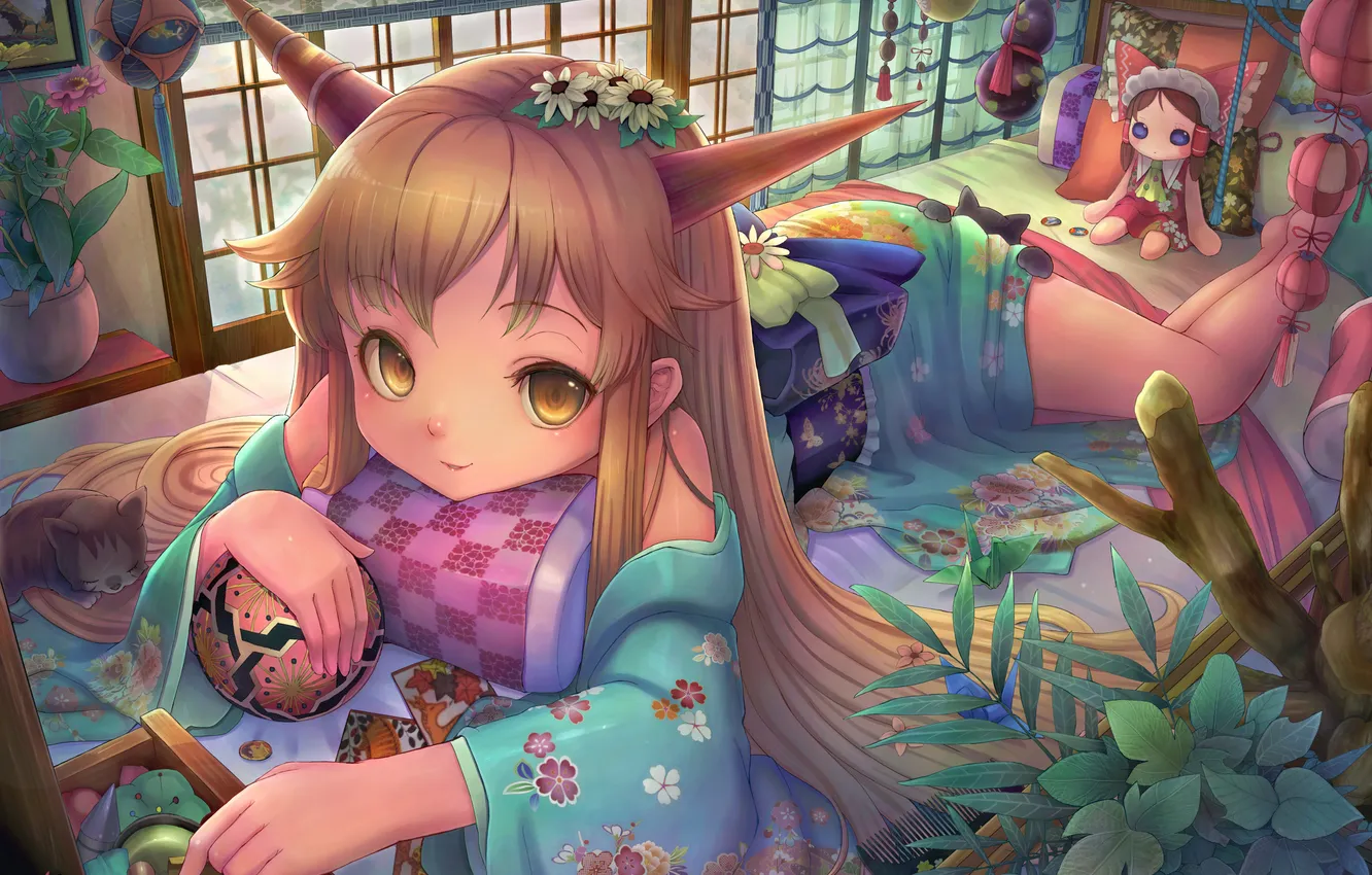 Photo wallpaper flowers, room, balls, bed, the demon, art, girl, horns