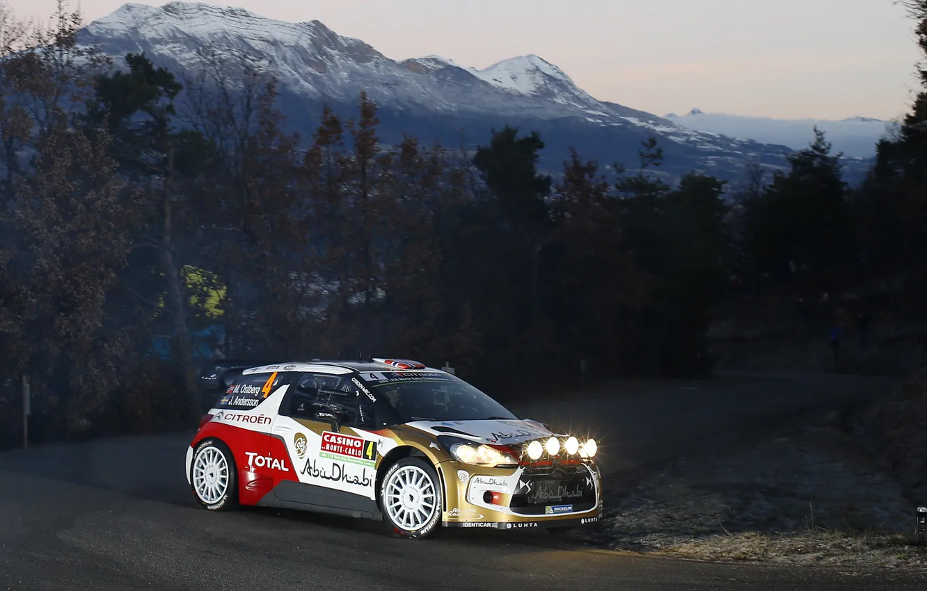 Photo wallpaper machine, sport, lights, the evening, turn, Citroen, DS3, WRC