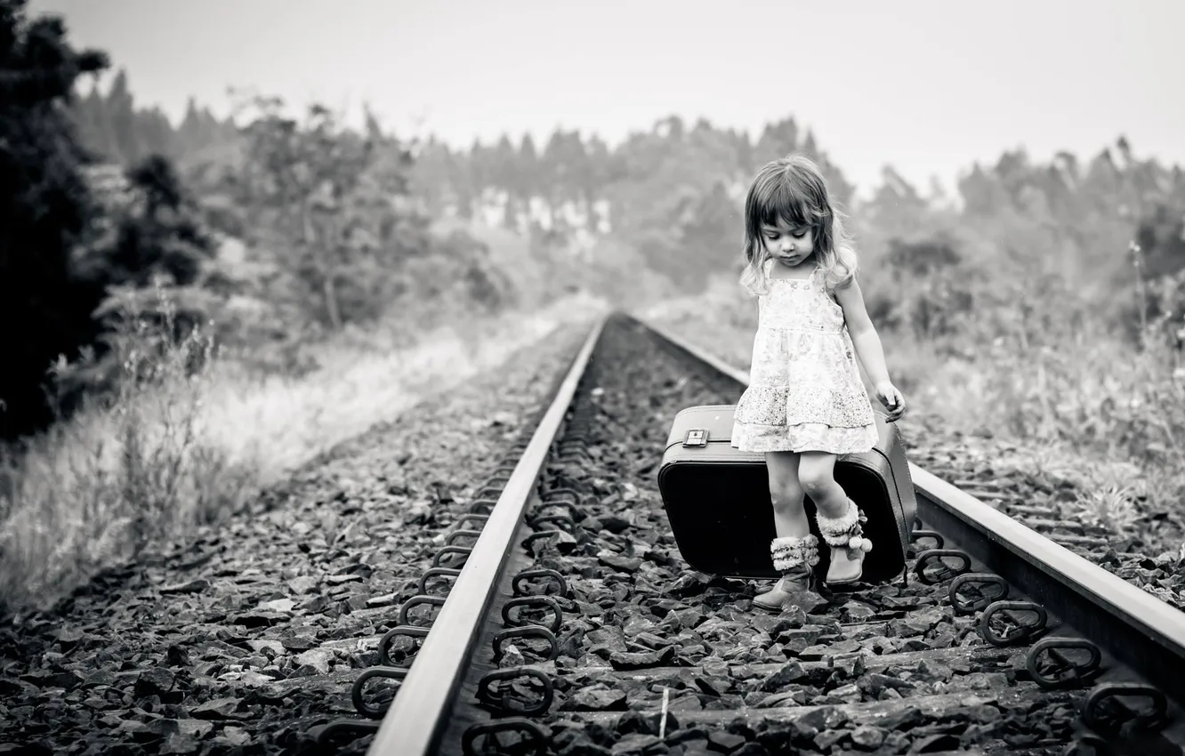 Photo wallpaper road, photo, rails, child, girl, iron, black and white, suitcase