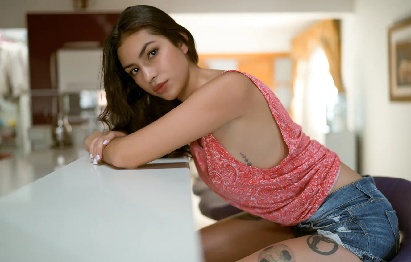 Photo wallpaper look, pose, table, model, shorts, portrait, makeup, Mike