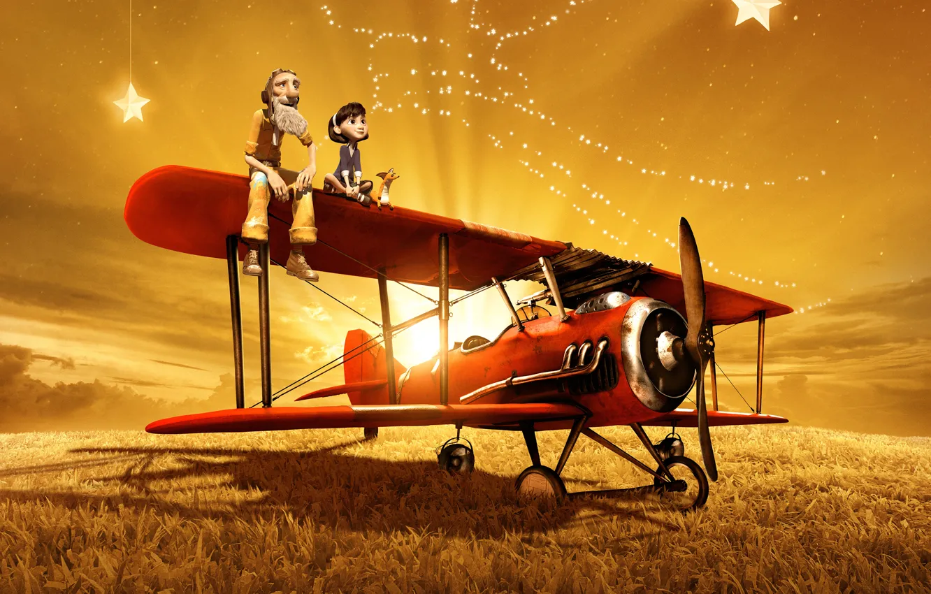 Photo wallpaper wallpaper, girl, fantasy, sky, fox, field, old, stars