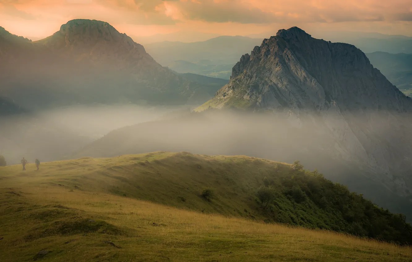 Photo wallpaper summer, mountains, fog, rocks, hills, people, morning, slope