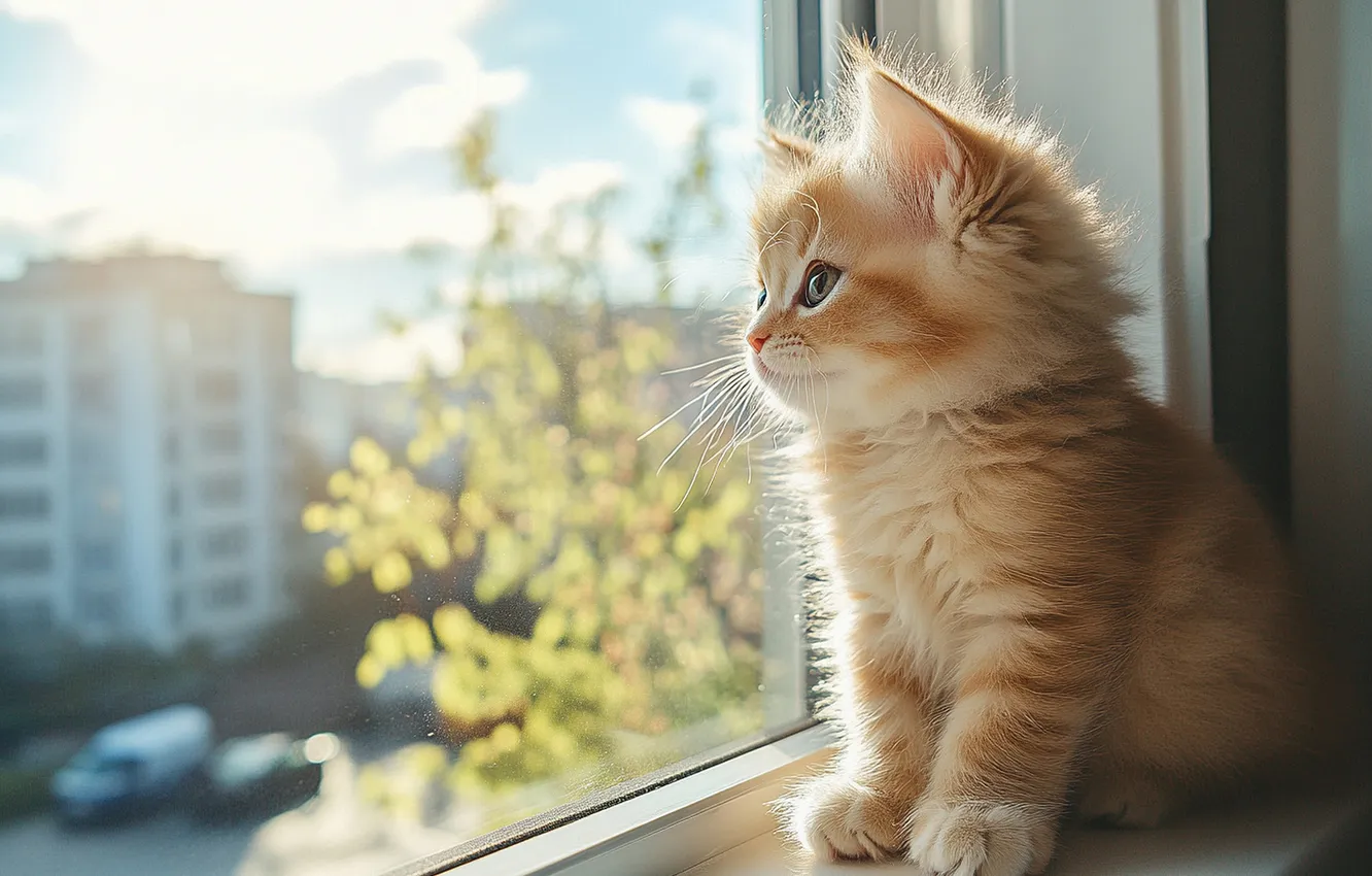 Photo wallpaper cat, summer, the sky, look, glass, clouds, light, machine