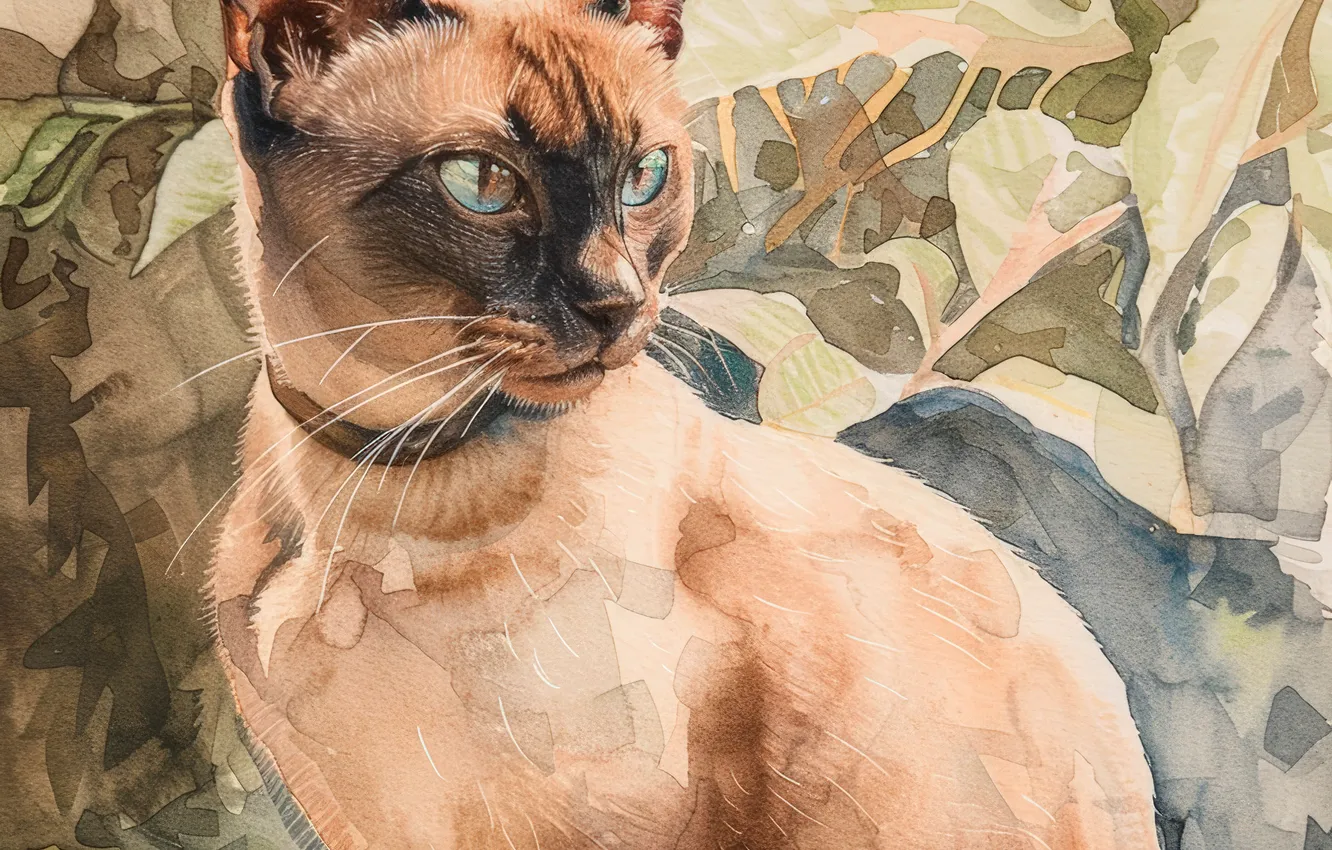 Photo wallpaper Look, Cat, Cat, Art, Digital art, Siamese, AI art, The Art of Artificial Intelligence