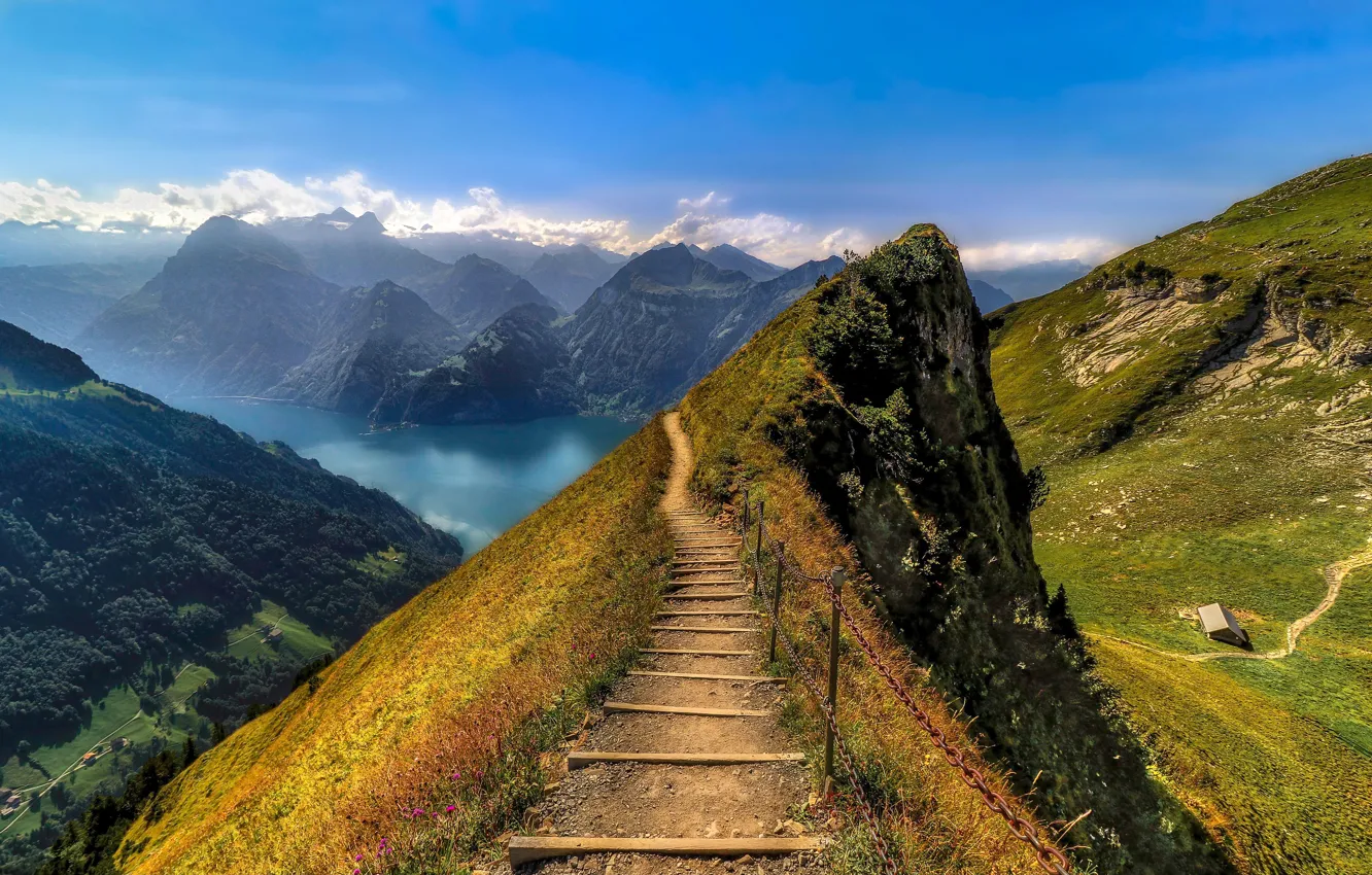 Photo wallpaper mountains, lake, Switzerland, Alps, path, Switzerland, Alps, Lake Lucerne