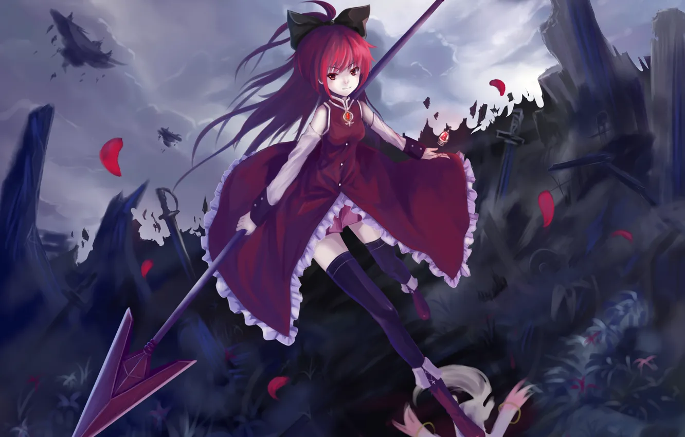 Photo wallpaper weapons, sword, dress, spear, mahou shoujo madoka magica, sakura kyouki
