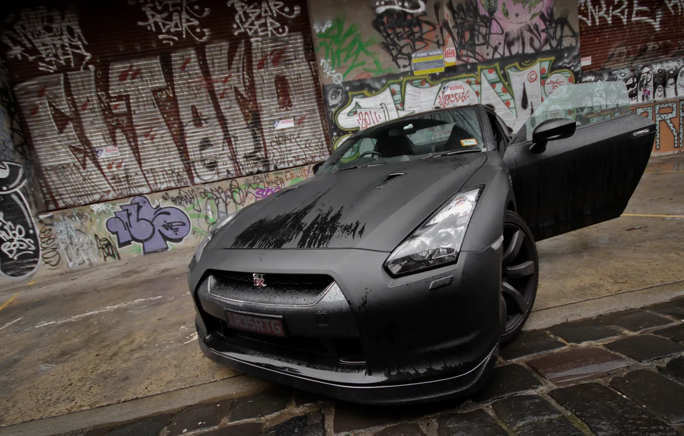 Photo wallpaper graffiti, wet, Nissan, GT-R, Black, the front