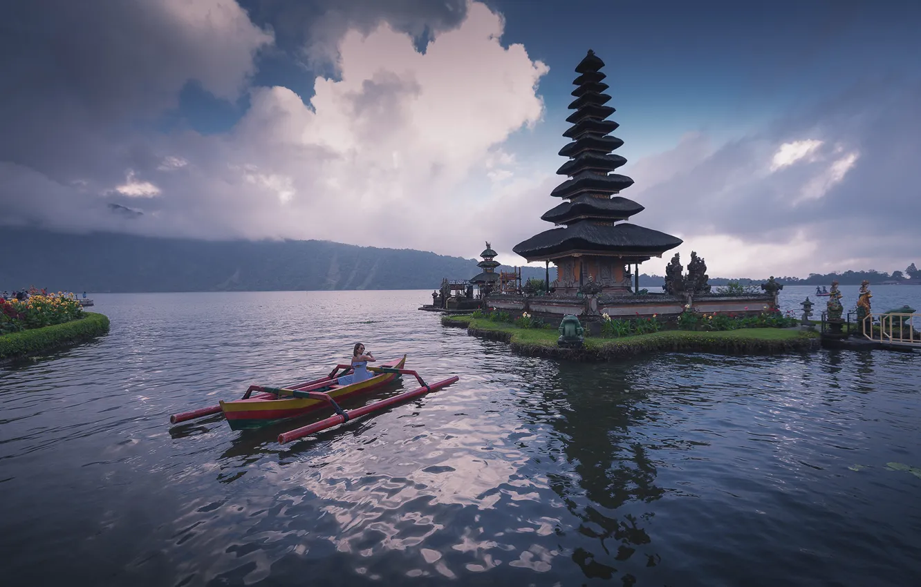 Photo wallpaper clouds, landscape, lake, boat, Bali, Indonesia, temple, Pura Ulun Danu