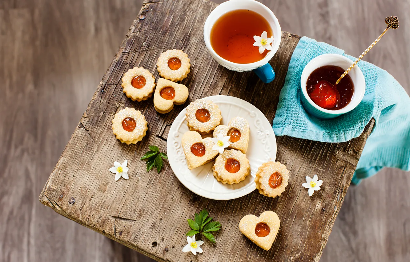 Photo wallpaper flowers, tea, heart, food, colorful, cookies, form, Cup