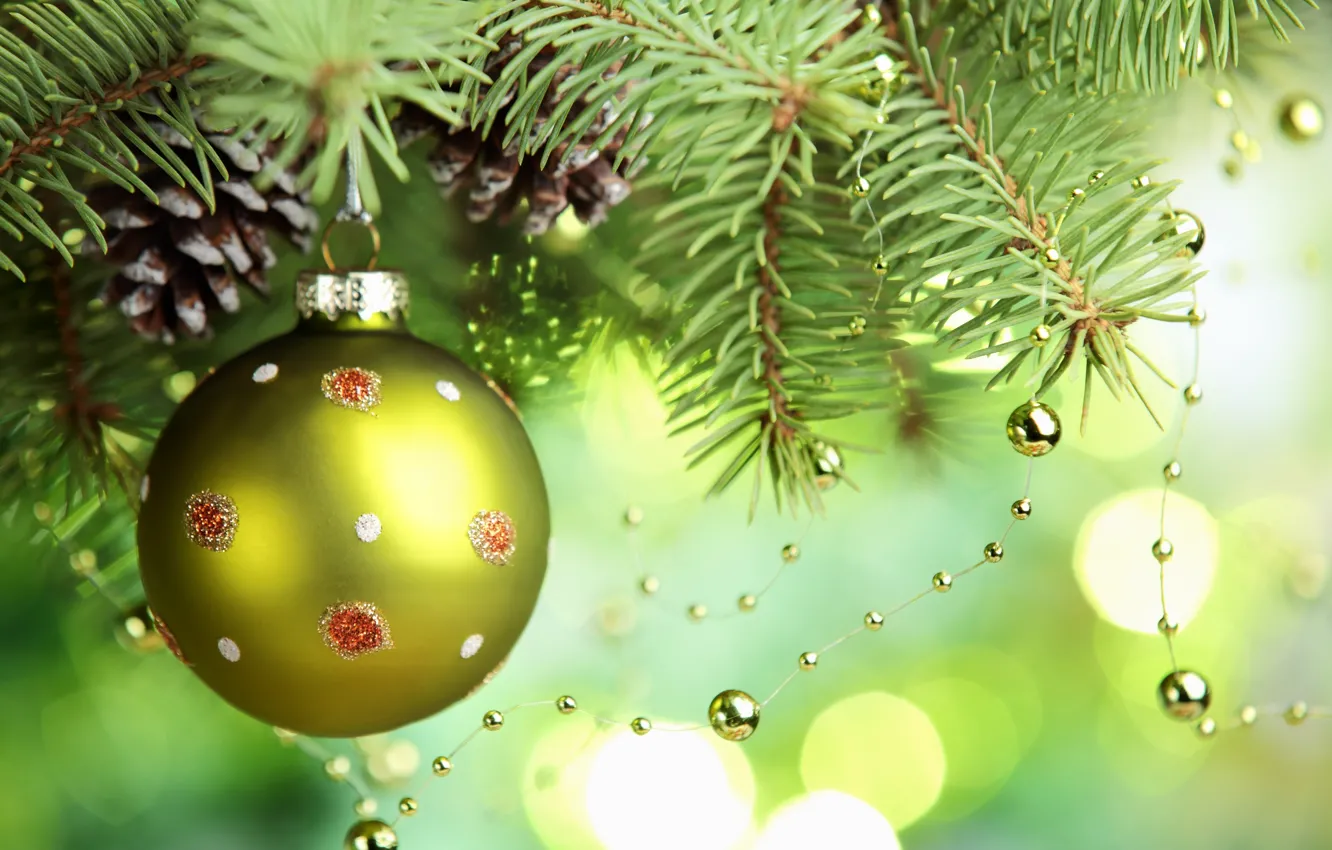 Photo wallpaper green, toys, tree, ball, spruce, branch, ball, New Year