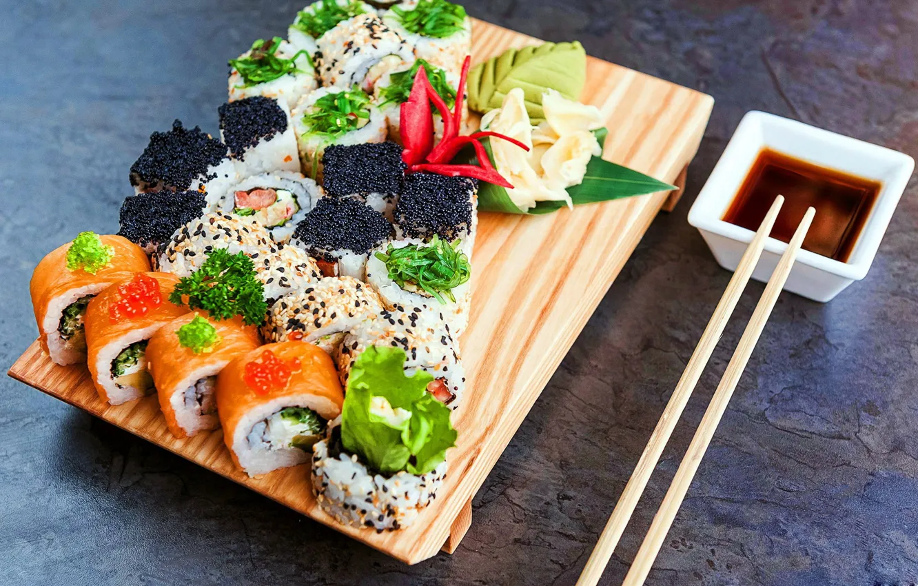 Photo wallpaper fish, sticks, Board, caviar, sushi, rolls, seafood