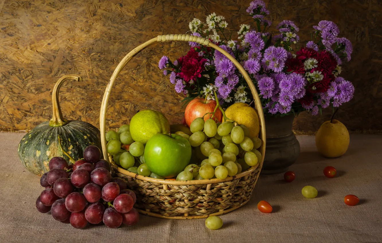 Photo wallpaper flowers, apples, bouquet, grapes, pumpkin, fruit, still life, vegetables