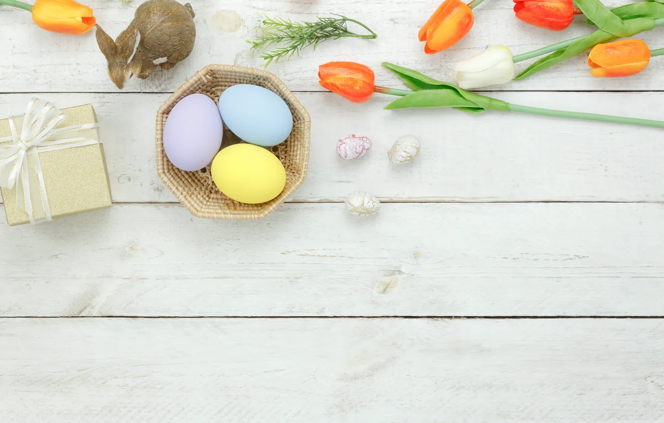 Photo wallpaper flowers, eggs, spring, colorful, Easter, tulips, wood, flowers