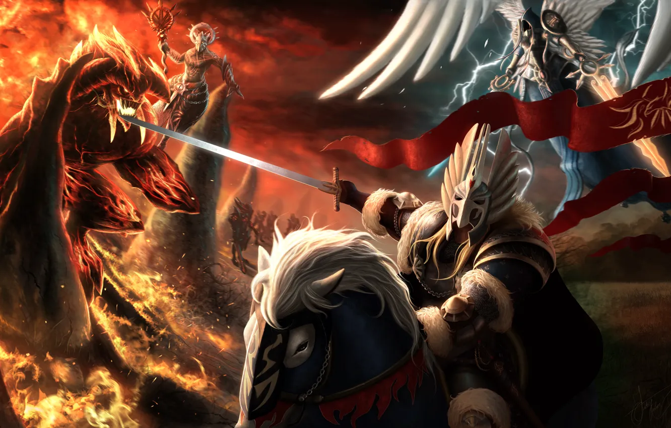 Photo wallpaper horse, magic, angel, sword, armor, the demon, art, rider