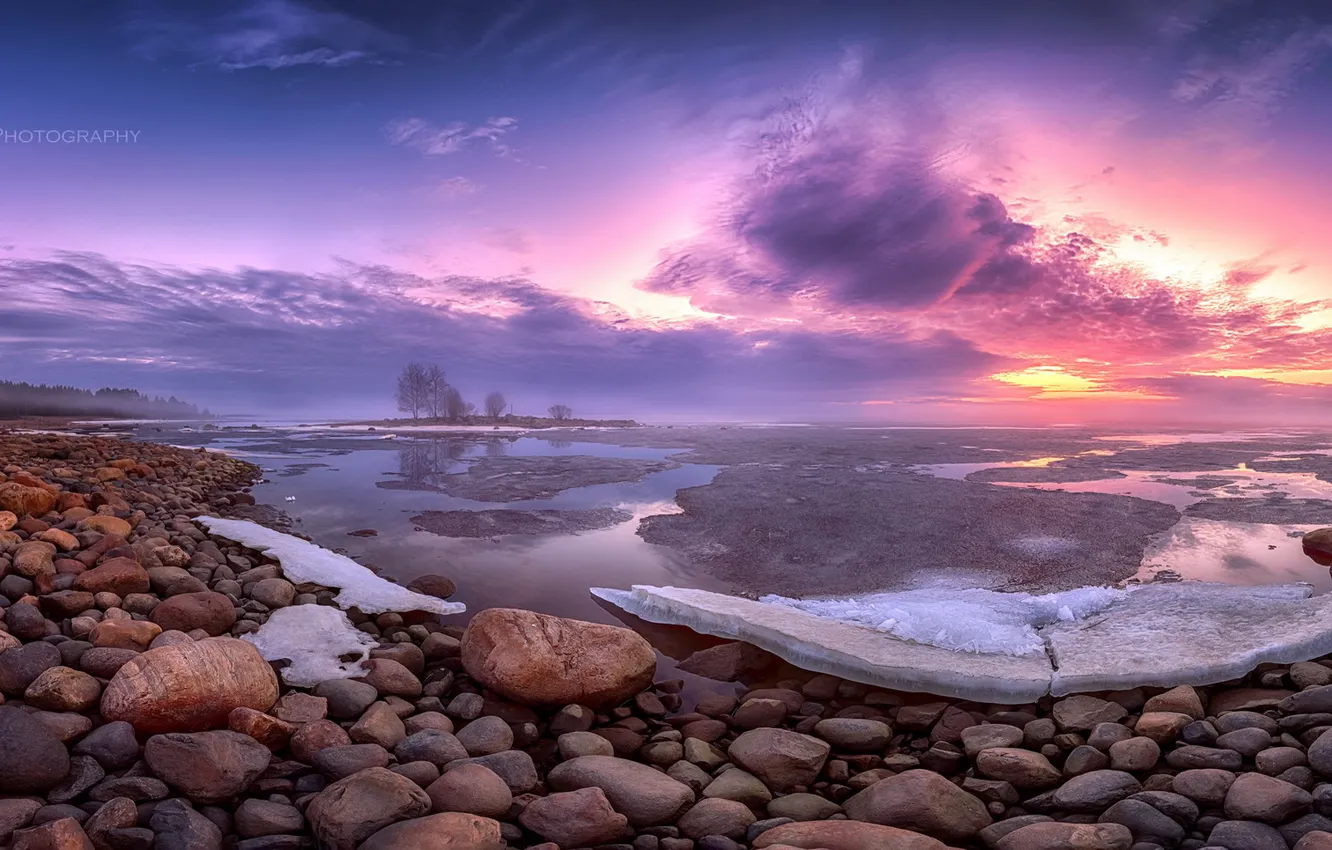 Photo wallpaper ice, sunset, shore