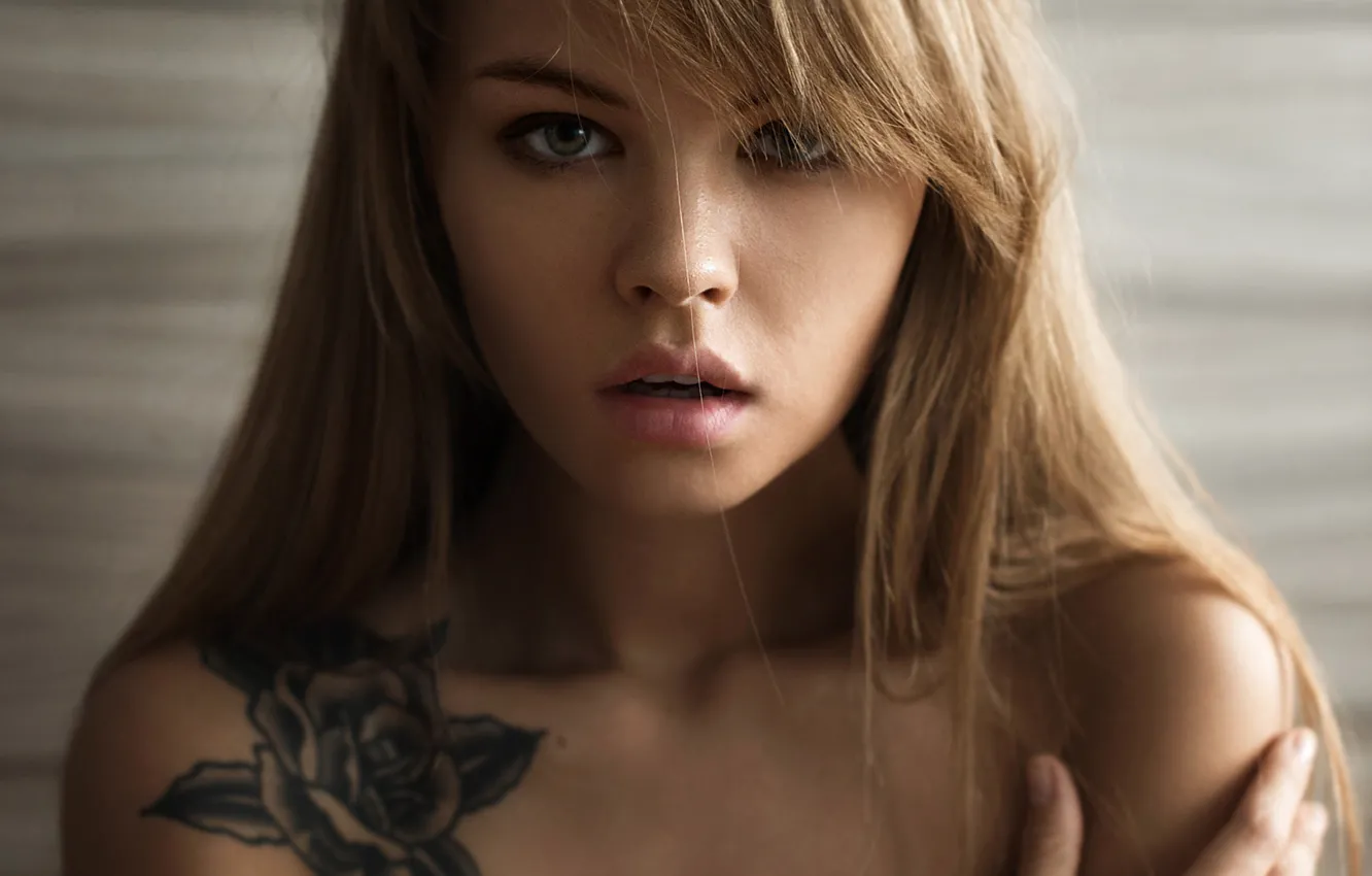 Photo wallpaper look, girl, face, model, hair, tattoo, lips, tattoo