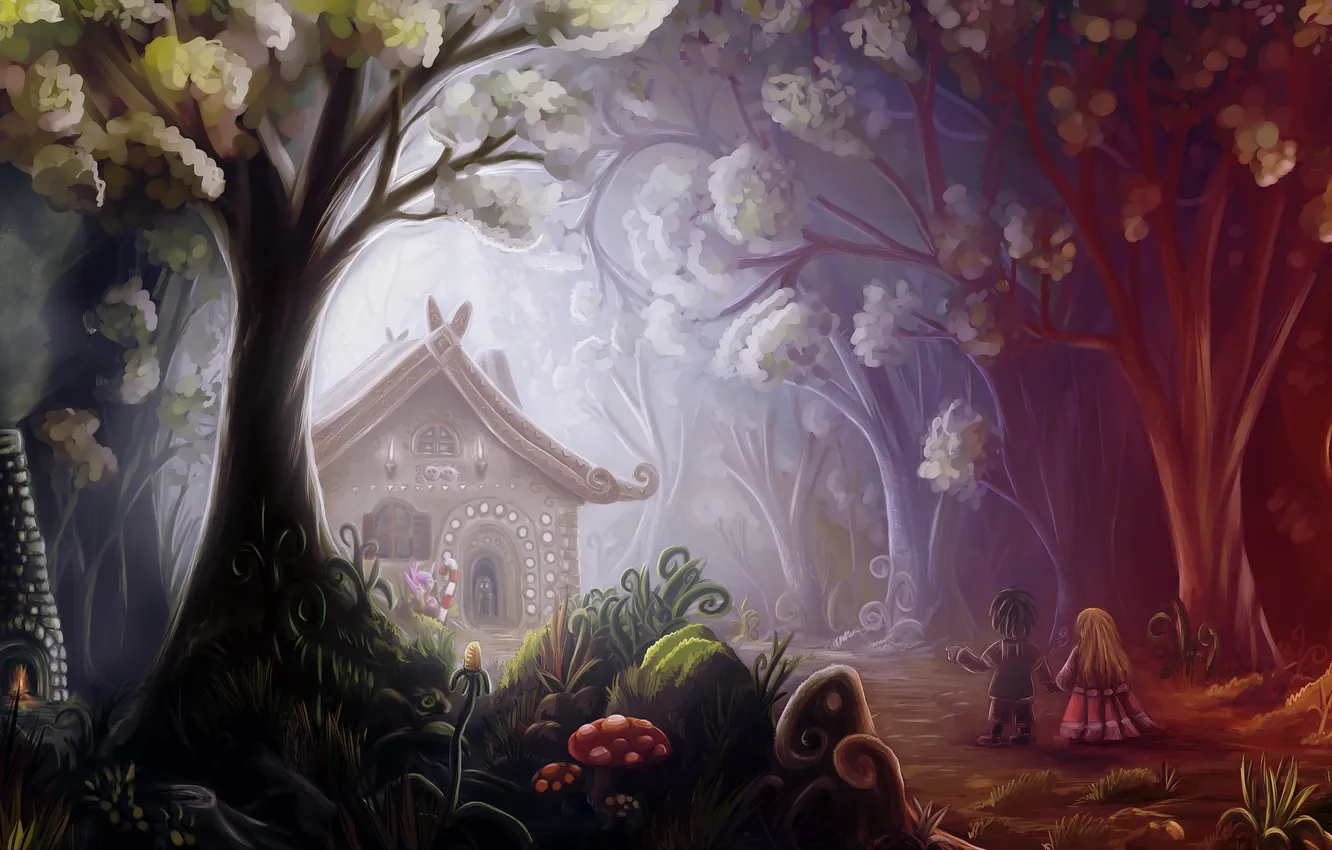 Photo wallpaper forest, trees, flowers, children, mushrooms, tale, art, gingerbread house