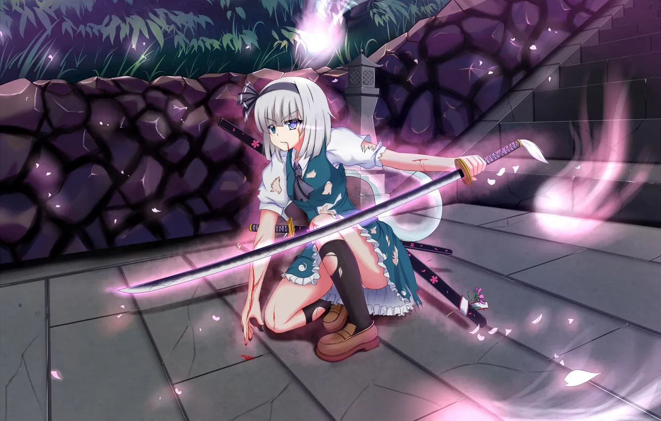 Photo wallpaper girl, night, weapons, blood, katana, art, Ghost, touhou