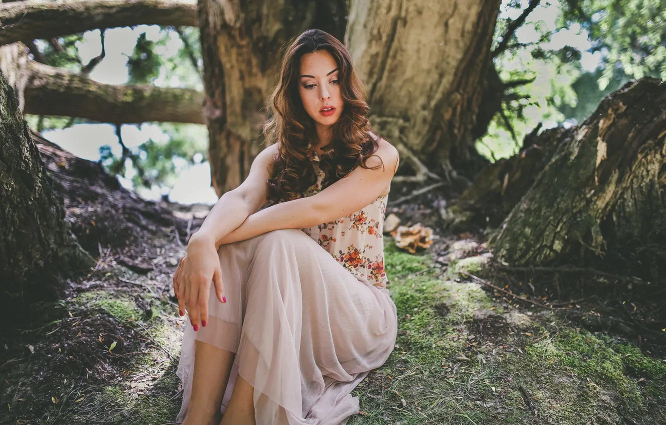 Photo wallpaper forest, eyes, girl, trees, roots, hair, dress, lips