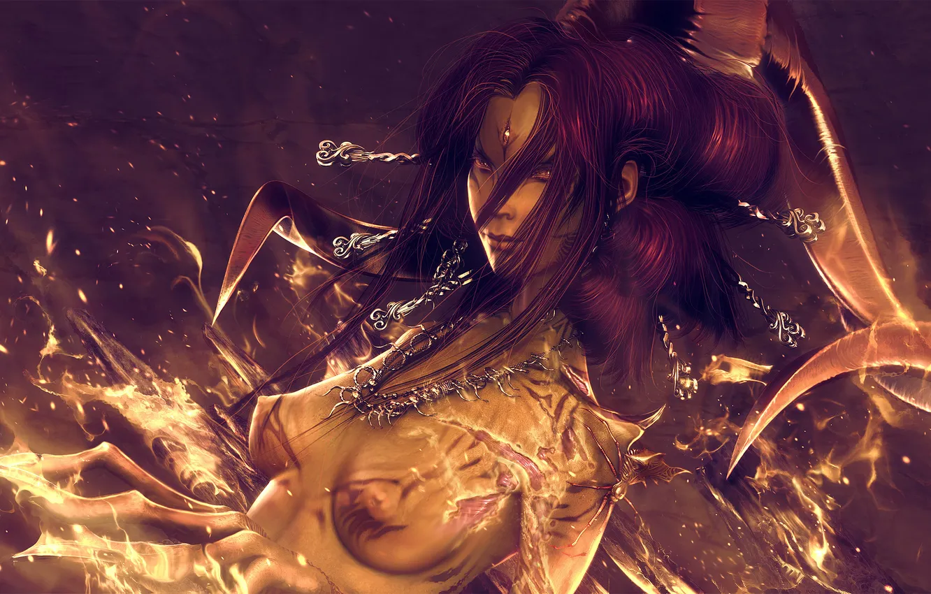 Photo wallpaper look, girl, lights, chain, strands